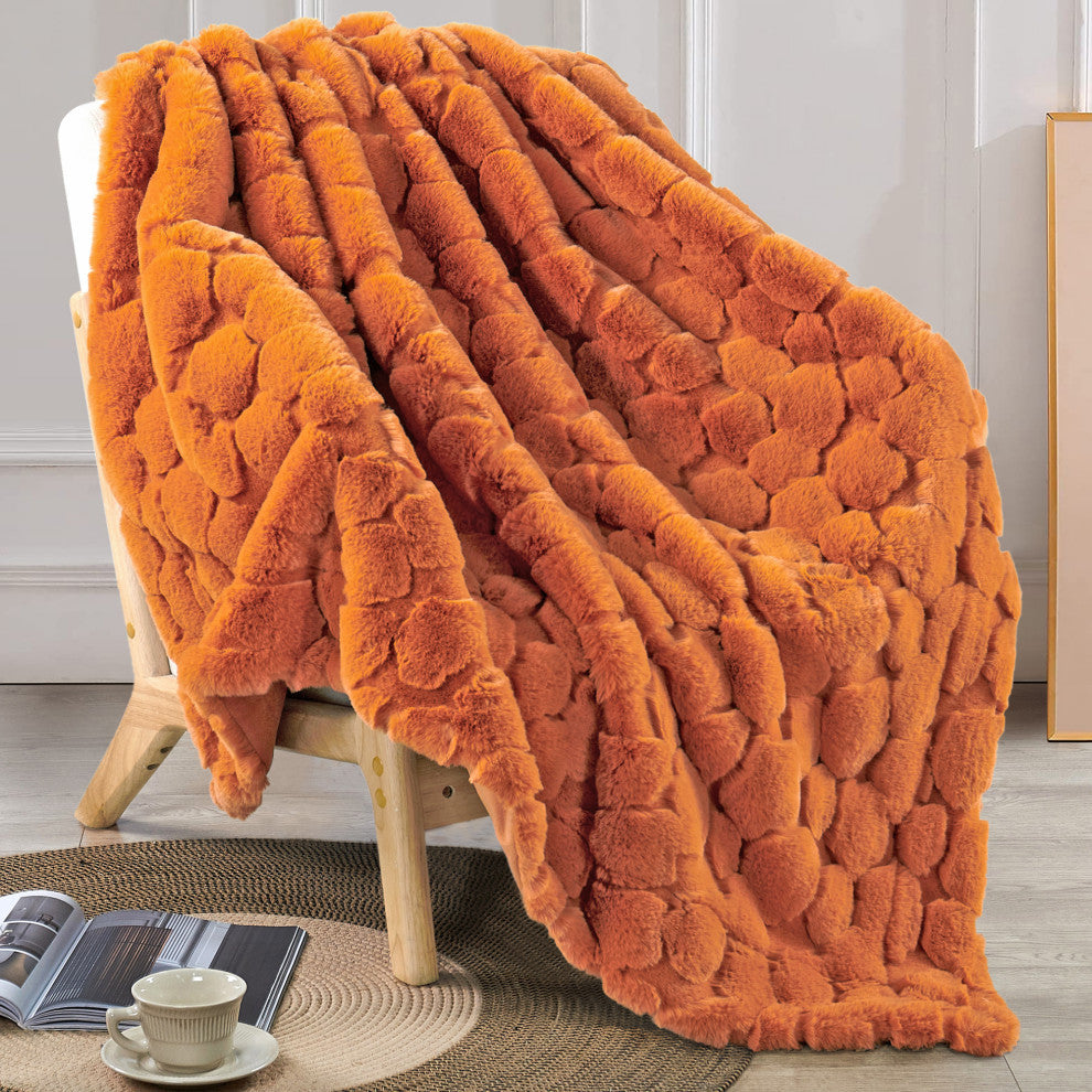 Cloud Carved Faux Fur Throw Blanket, Burnt Orange