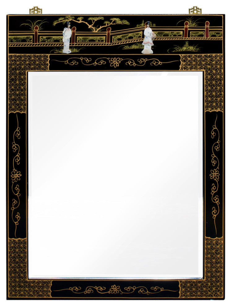 Black Lacquer Mother of Pearl Chinese Vertical Mirror