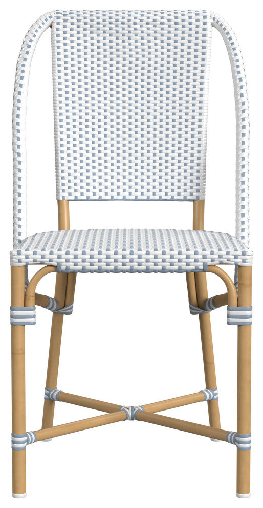 Tobias Outdoor Rattan and Metal Bistro Dining Chair, Blue and White