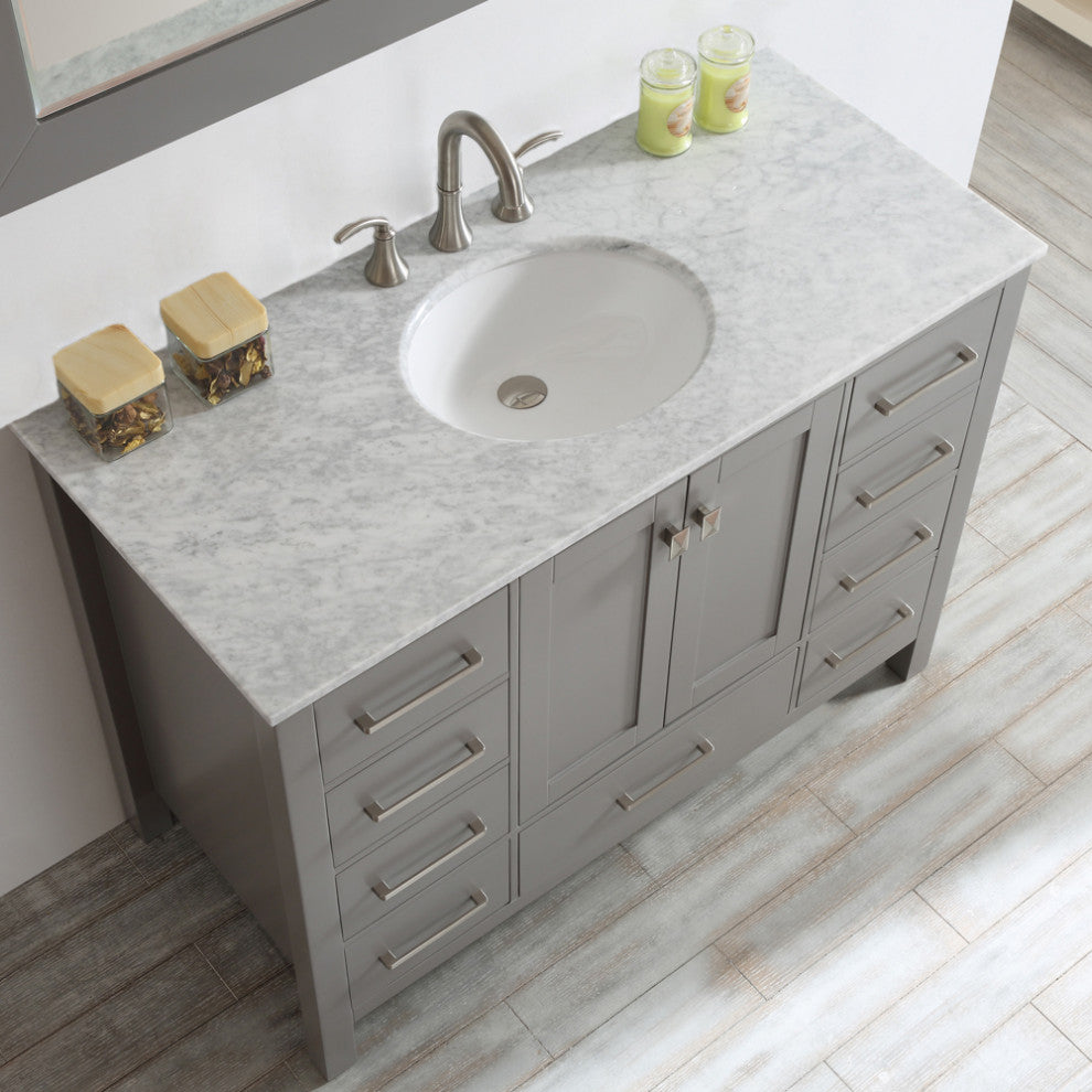 Gela 48" Single Vanity in Grey with Carrara White Marble Countertop With Mirror