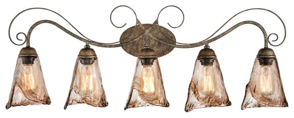 Art Deco Bathroom Vanity Lighting Amber Glass Shade - 5 Light