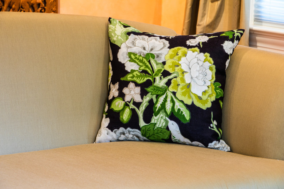 Schumacher Designer Pillow Cover Floral On Black, 24x24