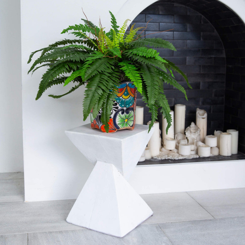 21" Artificial Boston Fern, Handmade Mexican Talavera Ceramic Planter