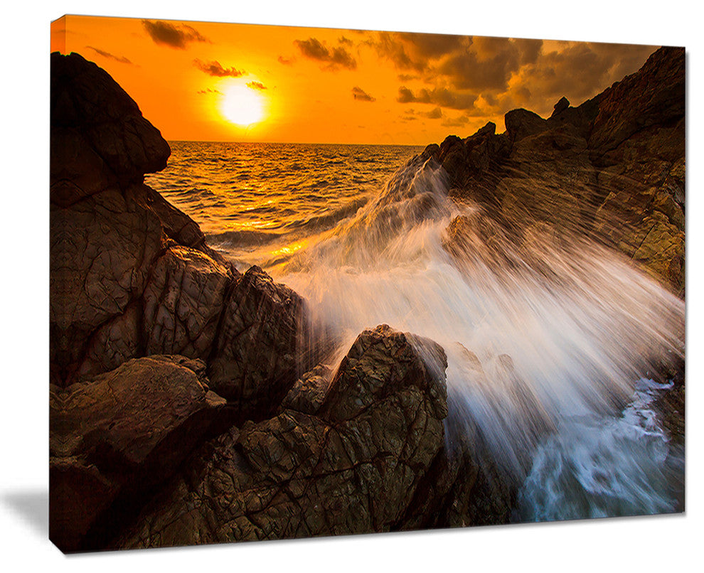 "Sunset Sea Wave Impact Rocks At Sunset"  Seascape Art Canvas, 20"x12"