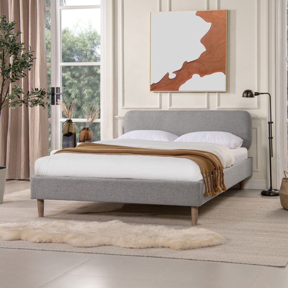 Diego Low Upholstered Platform Bed, Light Gray Polyester, Queen