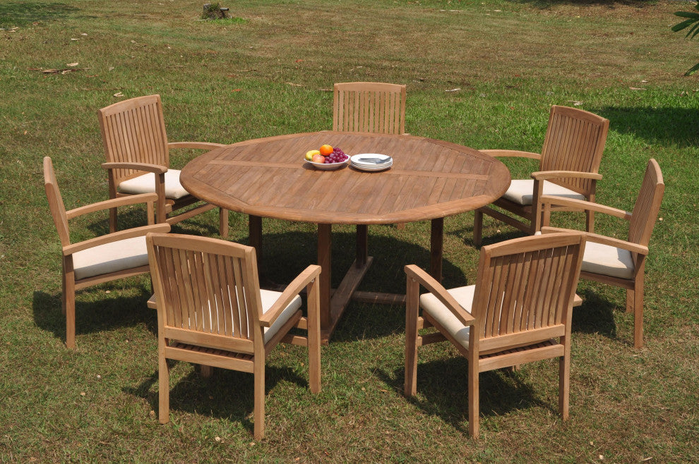8-Piece Outdoor Teak Dining Set: 72" Round Table, 7 Wave Stacking Arm Chairs