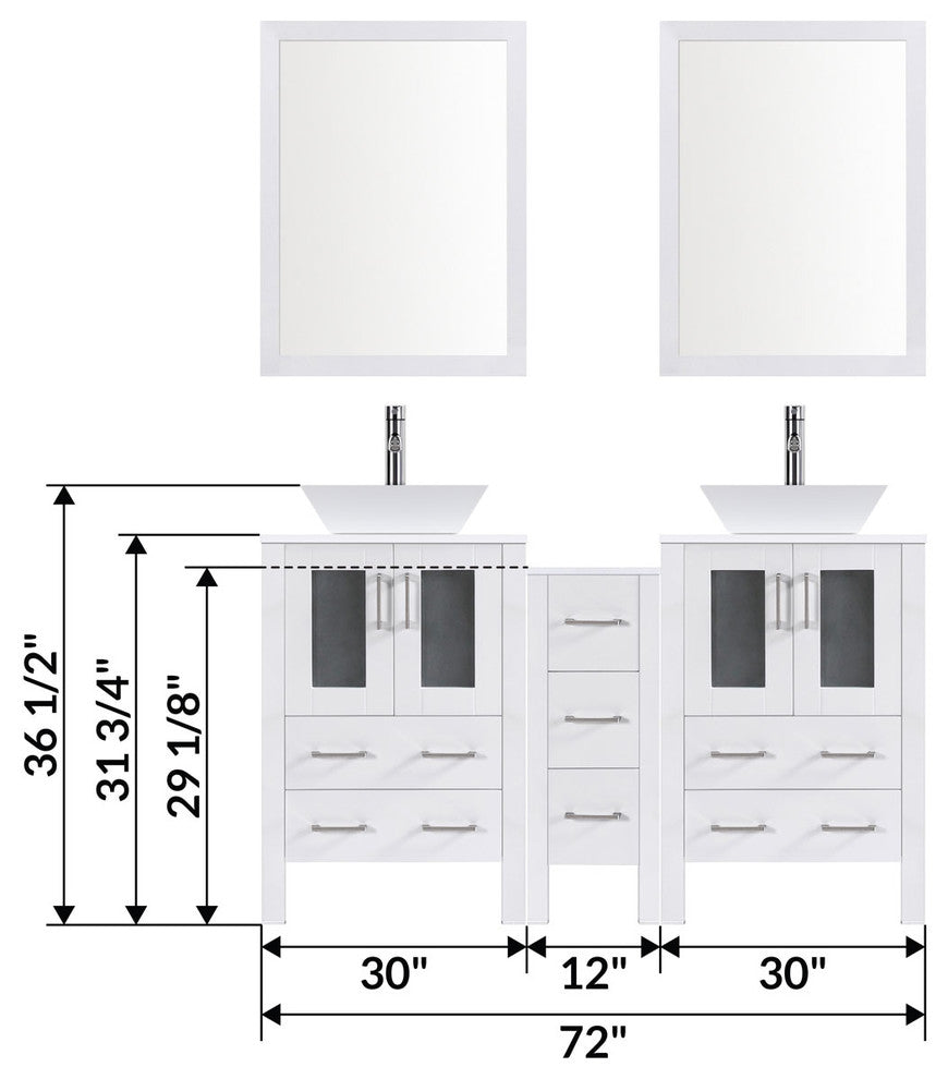 Modern Bathroom Vanity Set With Mirror and Sink, White, 72"