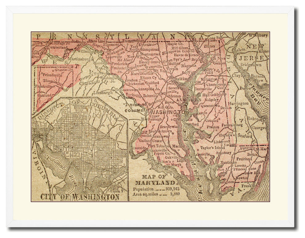 Maryland Vintage Old Map Print On Canvas With Picture Frame 28" X 37"