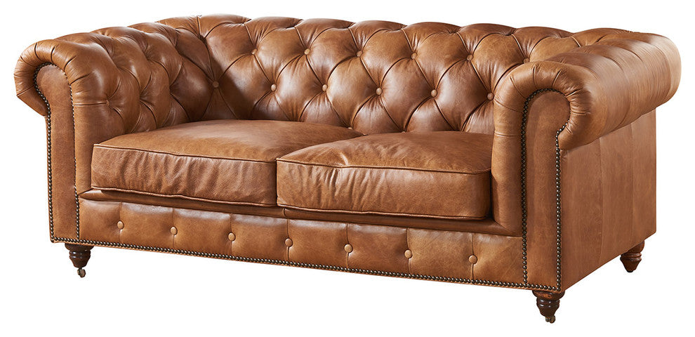 Leather Chesterfield Love Seat, Light Brown