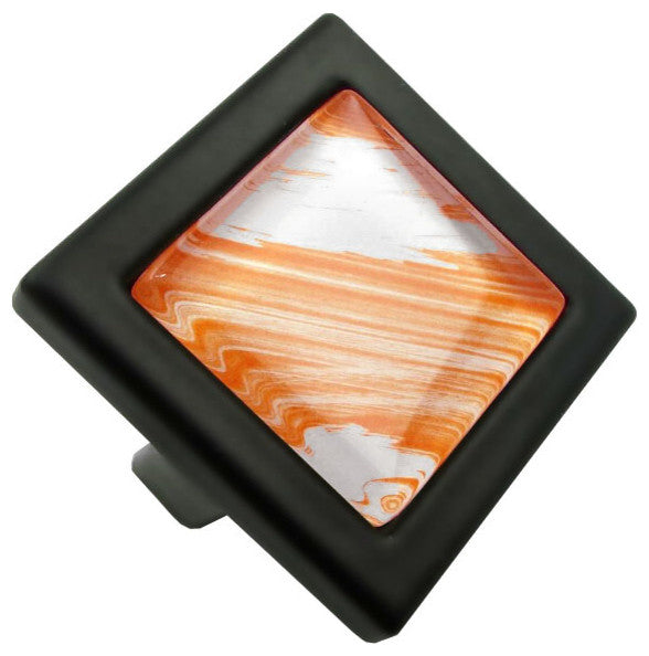 Hand Brushed Orange Tilted Strokes Crystal Glass Black Metal Square Manor Knob