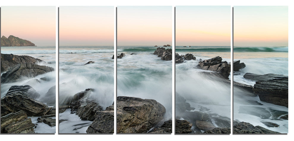 "Bay of Beaky Vibrant White Waves" Modern Seashore Canvas Art, 5 Panels, 60"x28"