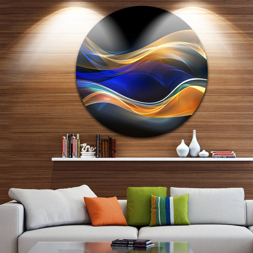 3D Gold Blue Wave Design, Abstract Digital Art Disc Metal Wall Art, 36"