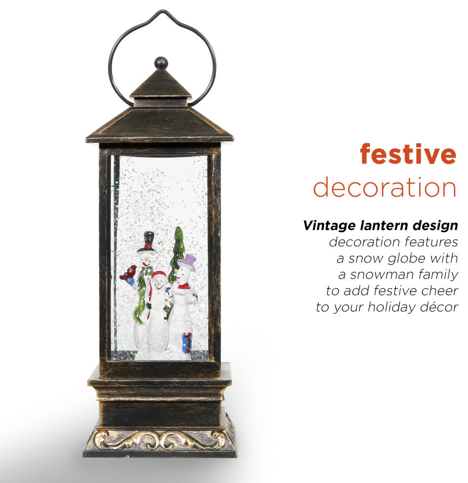 11"H Indoor Lantern Snowman Snow Globe Holiday Decoration with LED Light, Bronze