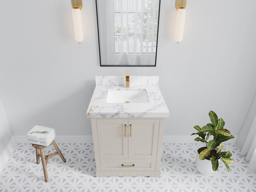 Boston 30" Single Sink Bath Vanity in Fine Grain 2" Calacatta Poanazzo