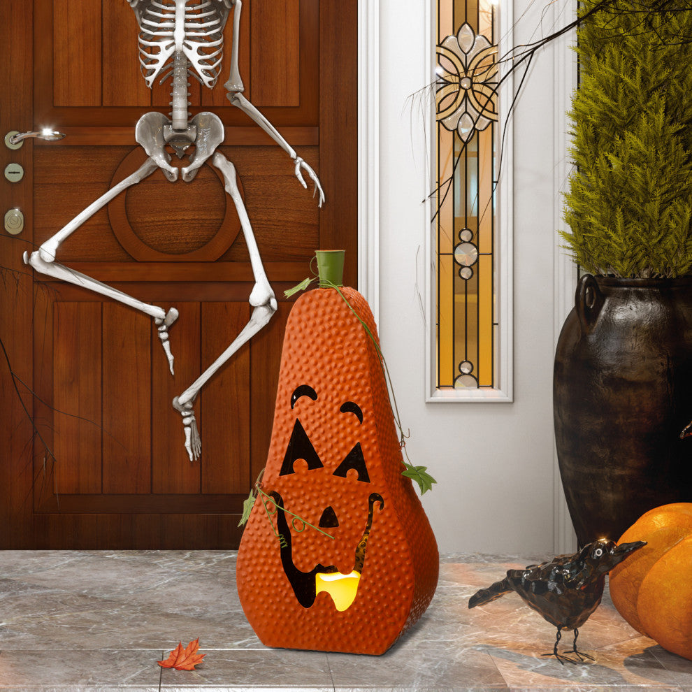 23.62"H Halloween Metal Jack-O-Lantern With LED Pillar