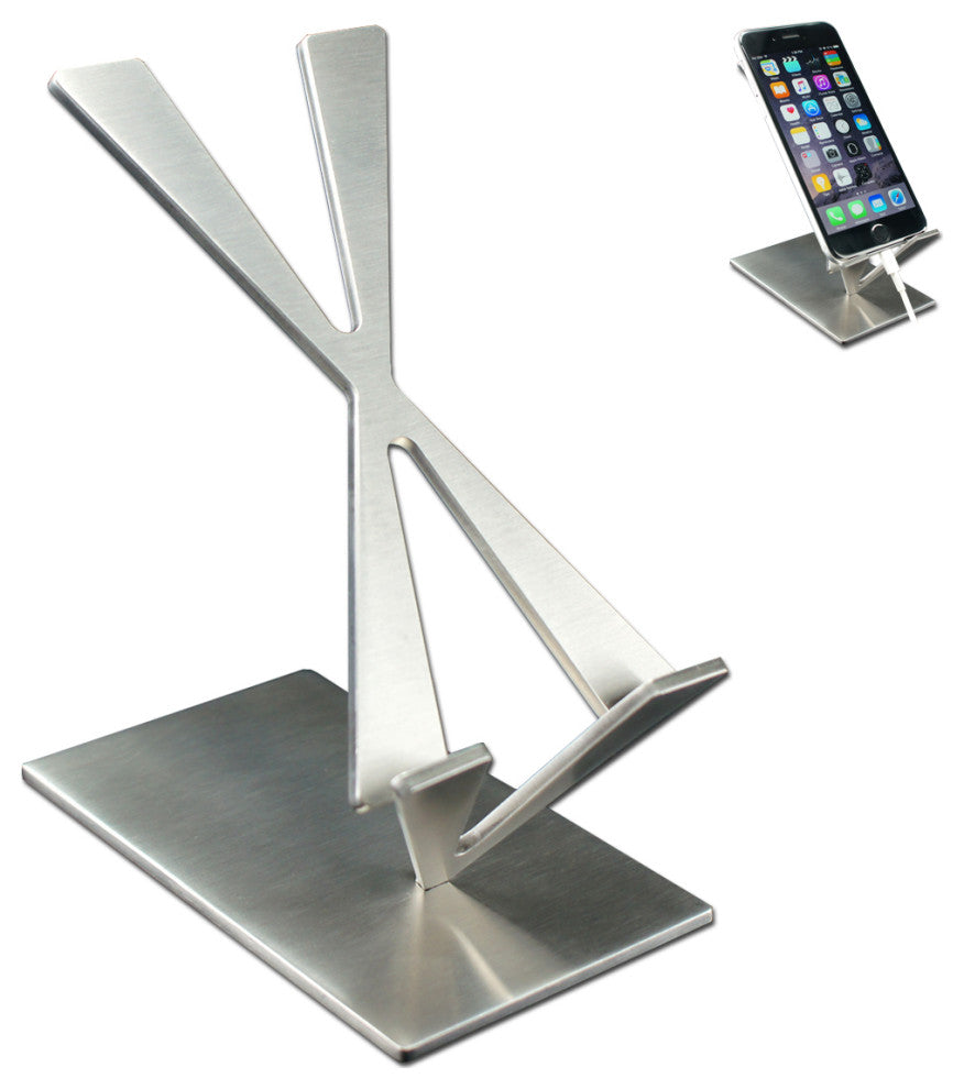 Modern Cell Phone Stand, Stainless Steel, Satin Finish.