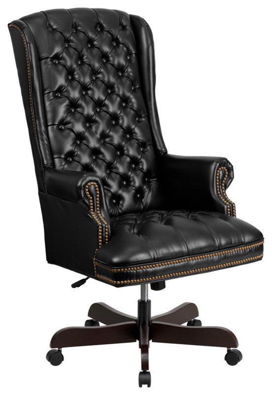 High Back Traditional Tufted Black Leather Executive Swivel Chair With Arms