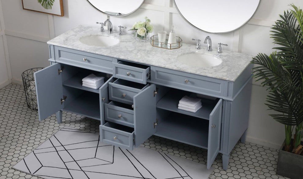 Home Living Vanity with Carrara White Marble Countertop, Gray, 72", Double Sink