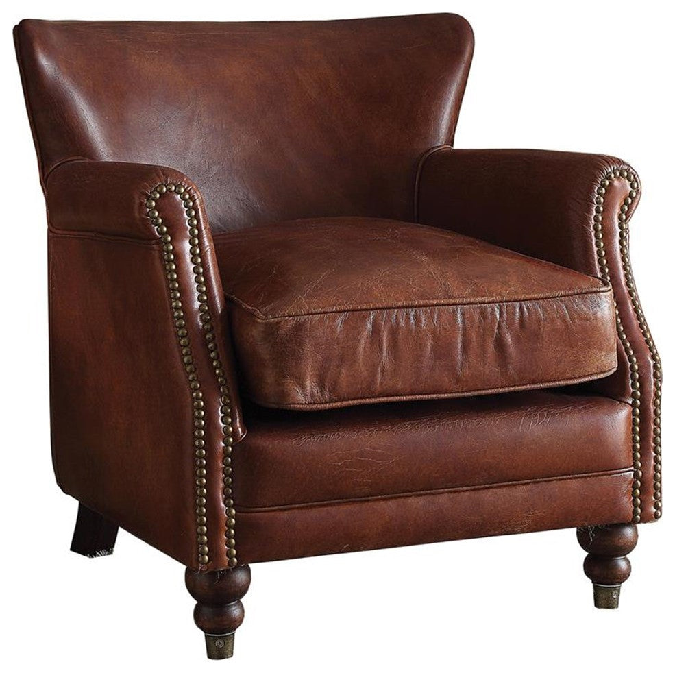 ACME Leeds Top Grain Leather Upholstery Accent Chair in Vintage Dark Brown
