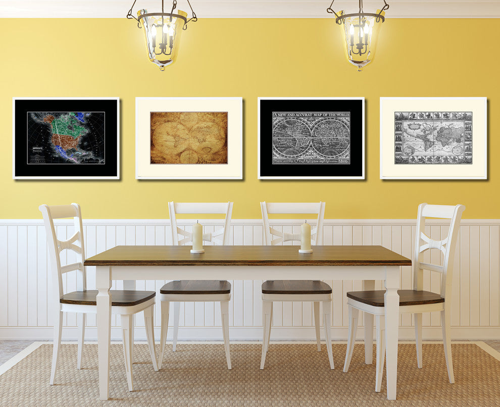 The World Circa Vintage Old Map Print On Canvas With Picture Frame 28" X 37"