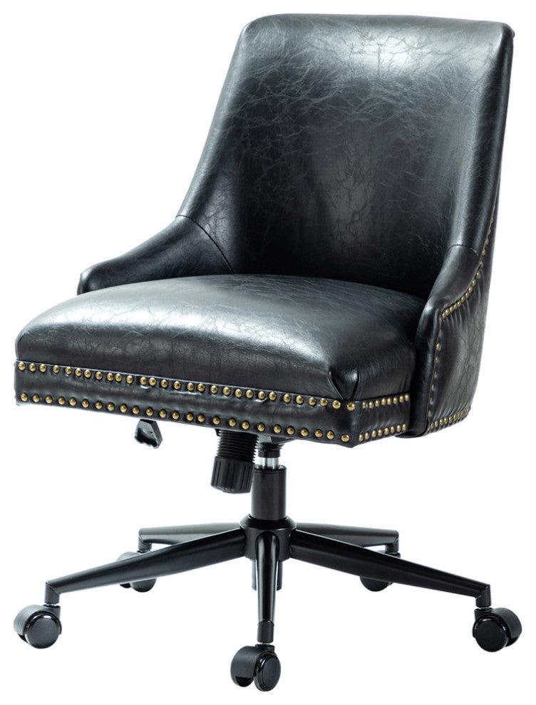 Upholstered Swivel Task Chair With Nailhead Trim, Black