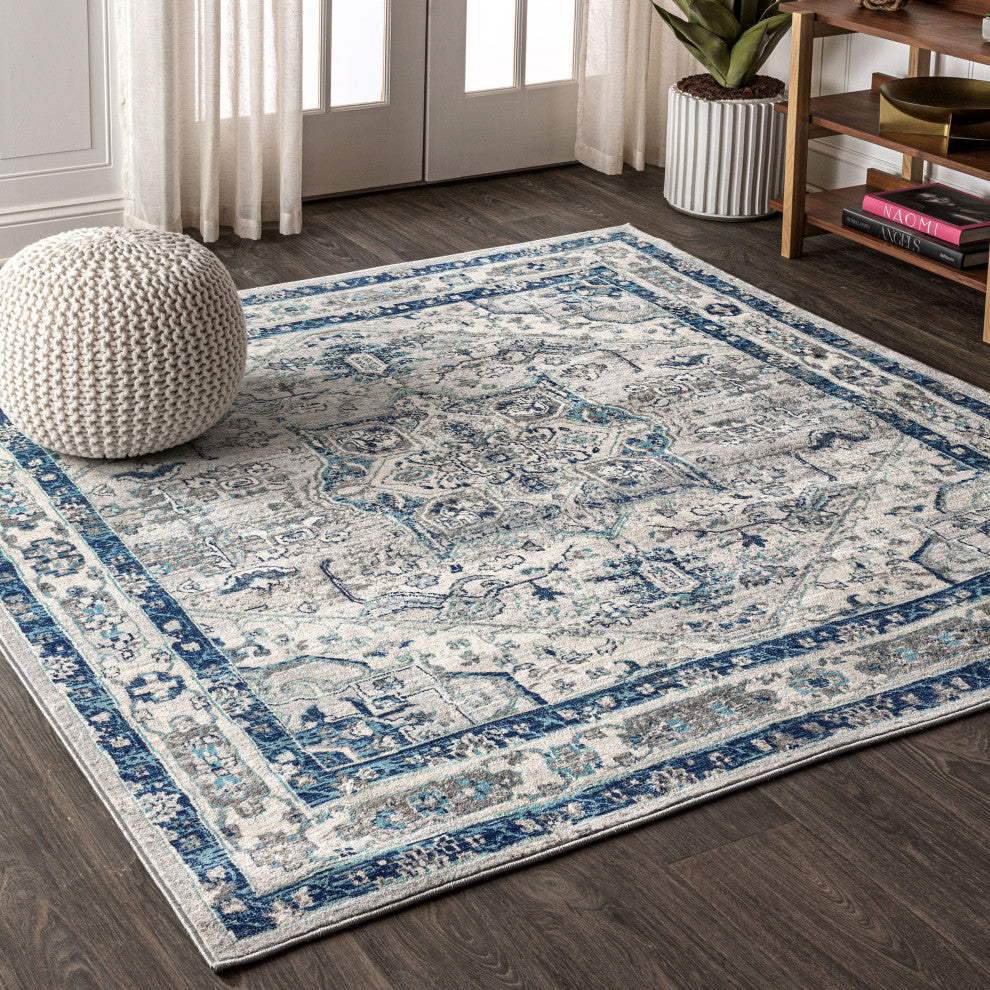 Modern Persian Vintage Medallion Area Rug, Slate, 9' Square