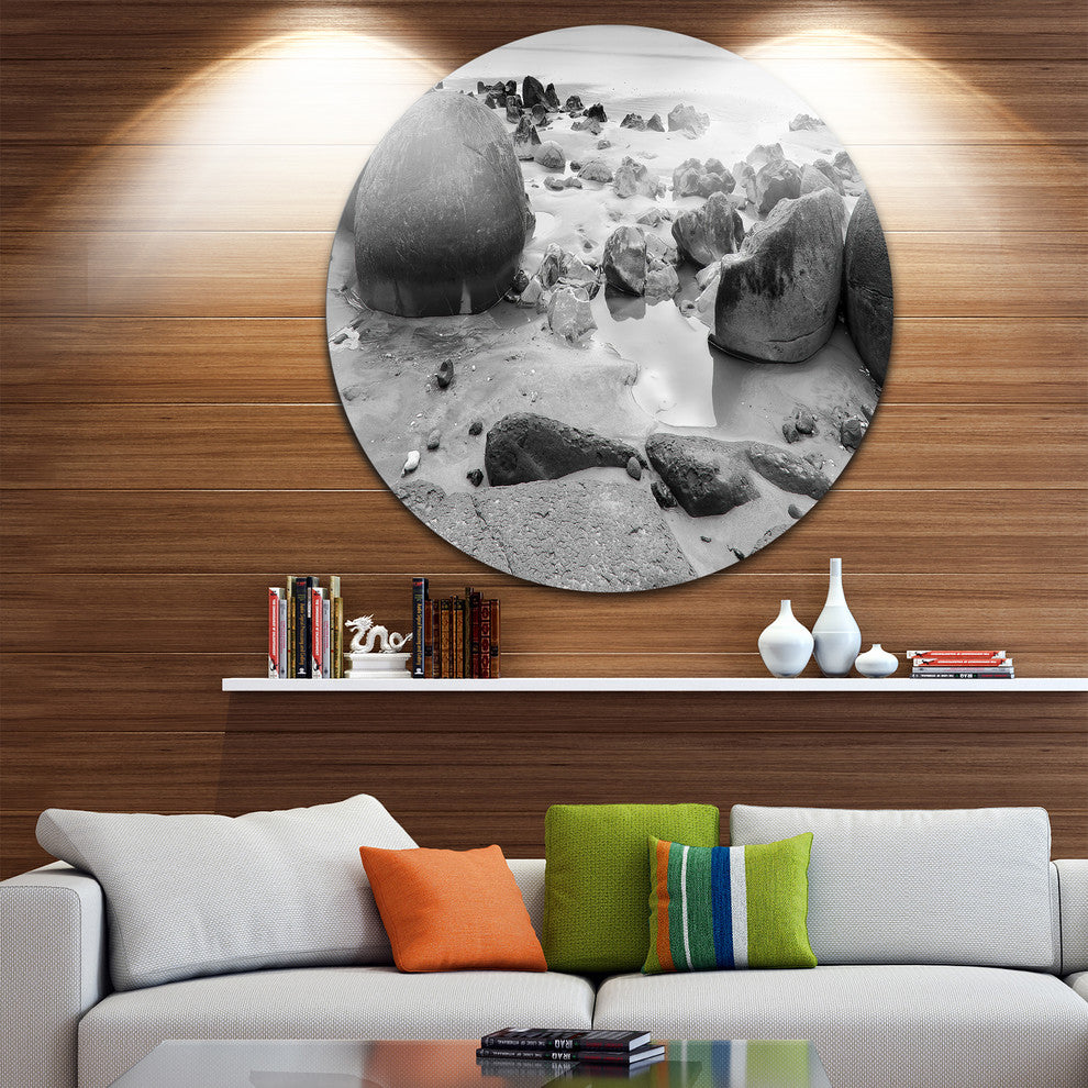 Moeraki Boulders Black N' White, Seashore Photo Disc Metal Artwork, 11"