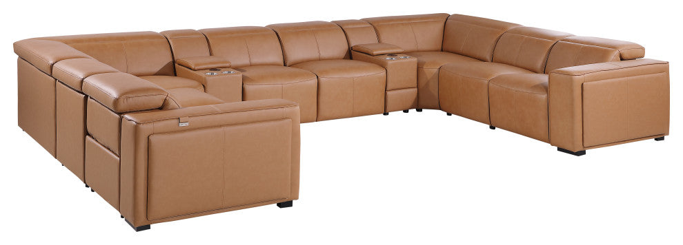 Niccolo Italian Leather 10-Piece U-Shaped 4 Power Reclining Sectional, Cognac