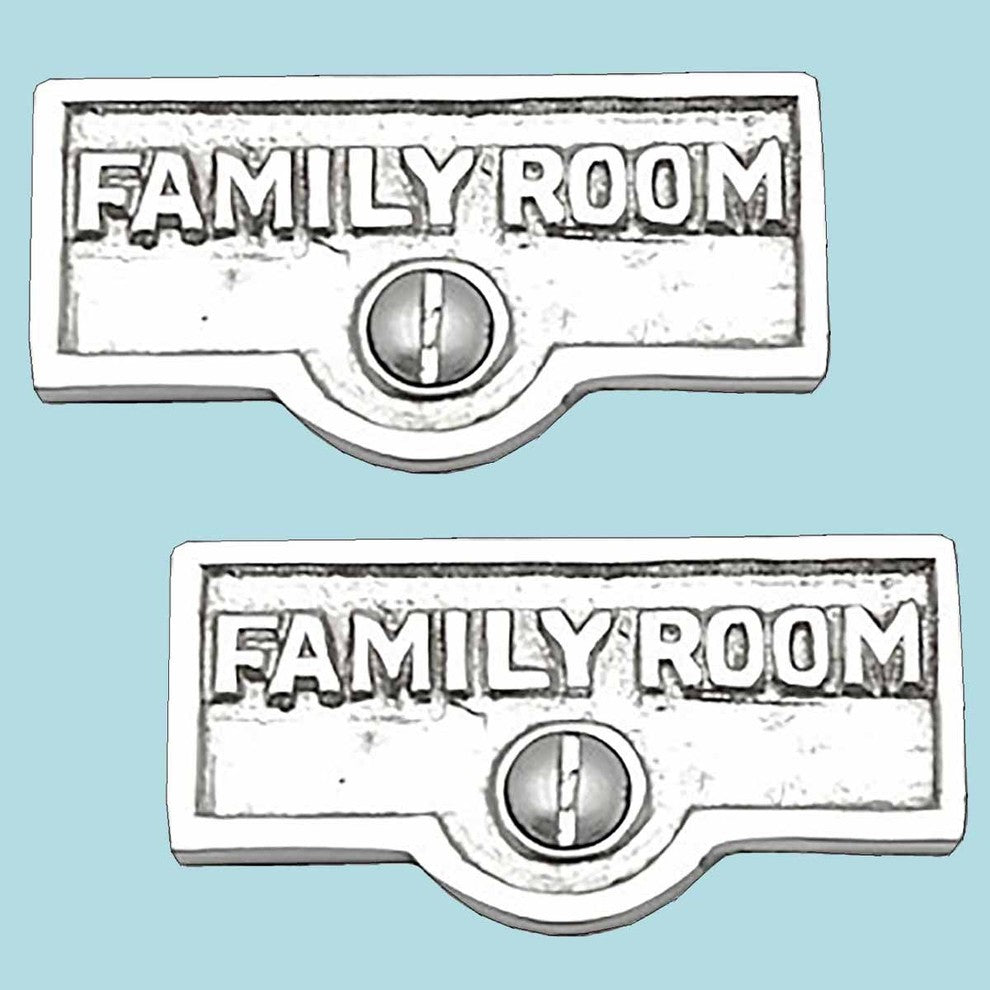 2 Switch Plate Tags FAMILY ROOM Name Signs Label Chrome Brass |