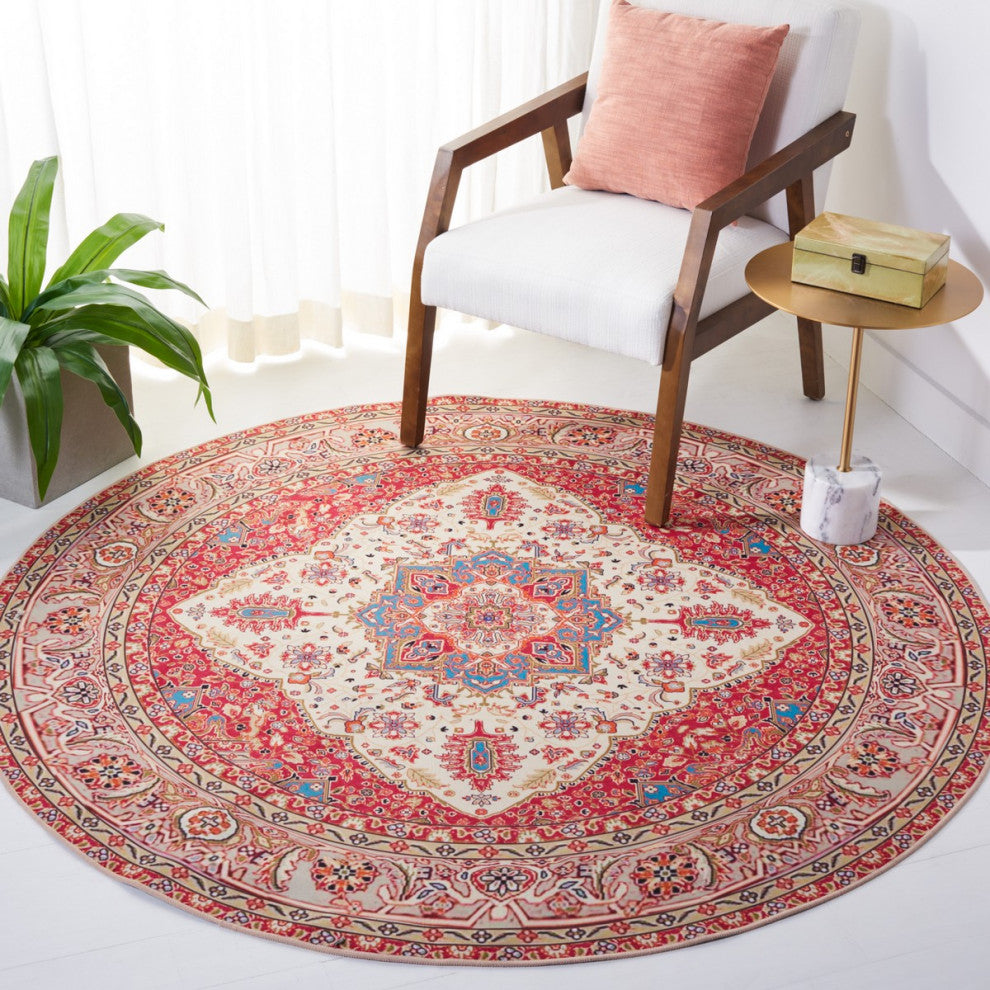 Safavieh Couture Tucson Collection, TSN107 Machine Washable Rug, Red / Beige, 6' Round