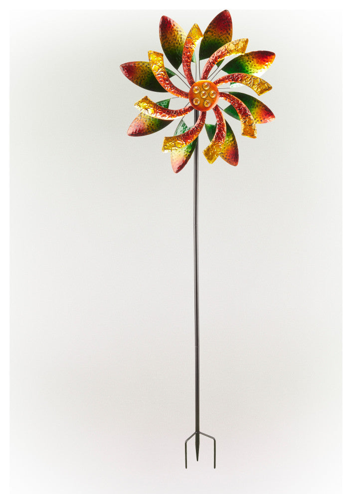 64" Tall Floral Windmill Stake with Jeweled Kinetic Spinner, Green and Orange
