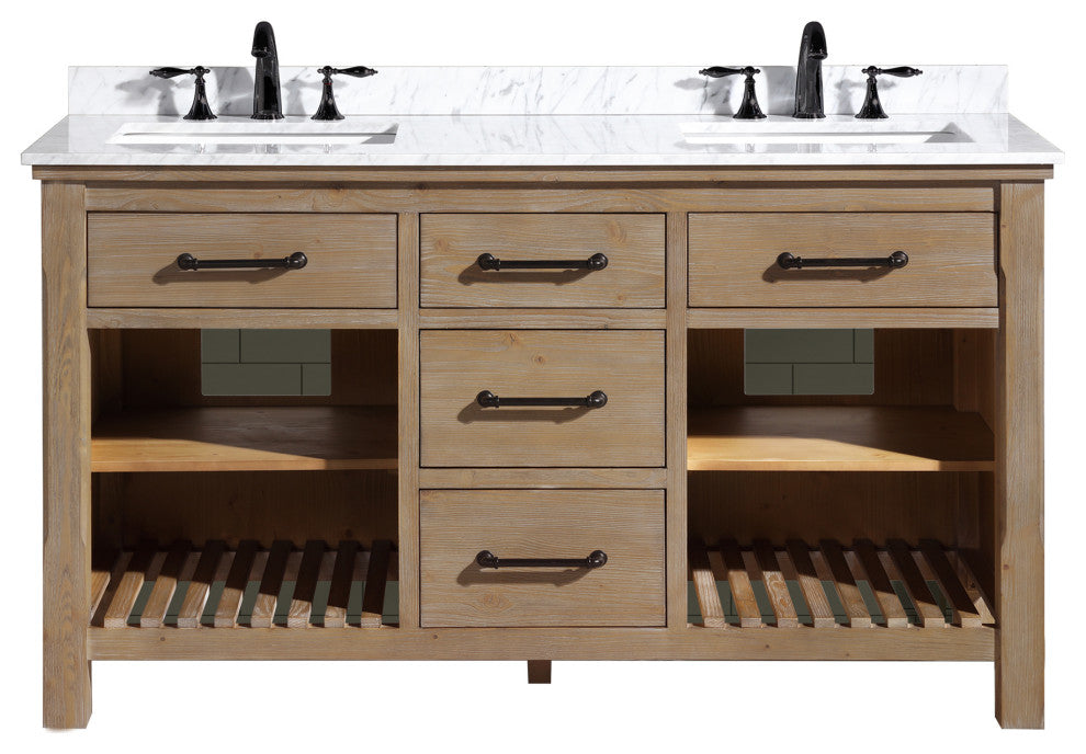 Lauren 60" Bathroom Vanity, Weathered Fir Finish, Italian Carrara Marble