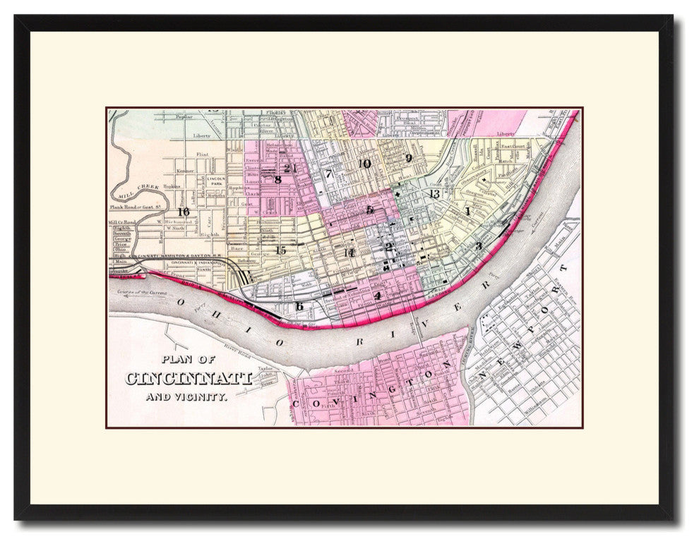 Cincinnati Vintage Map Print On Canvas With Picture Frame, 16" X 21"