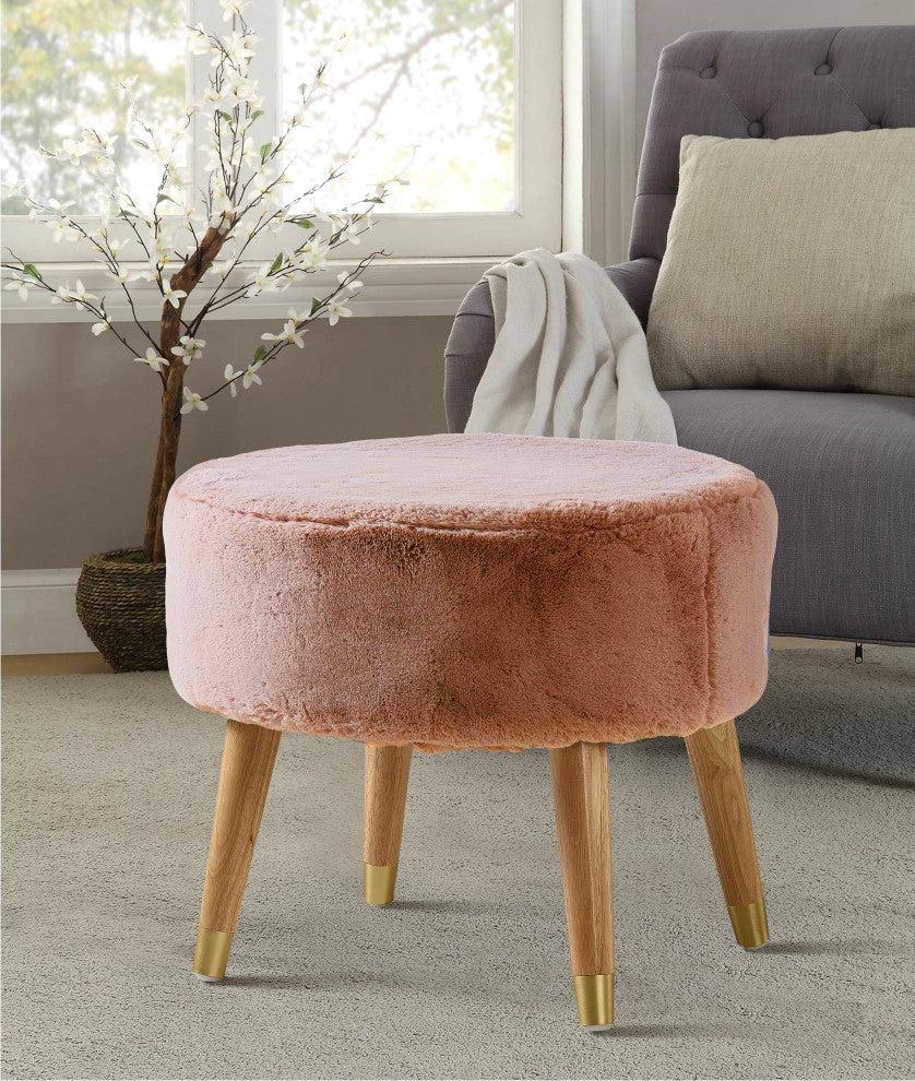 Solid Heavy Faux Fur Oval Ottoman, Burnt Orange