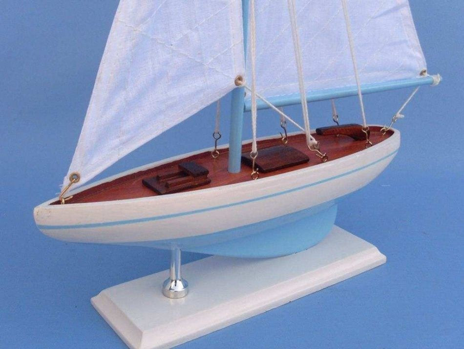 Pacific Sailer, Wood Sailing Boat Model, Blue Sails, 17", Light Blue and White