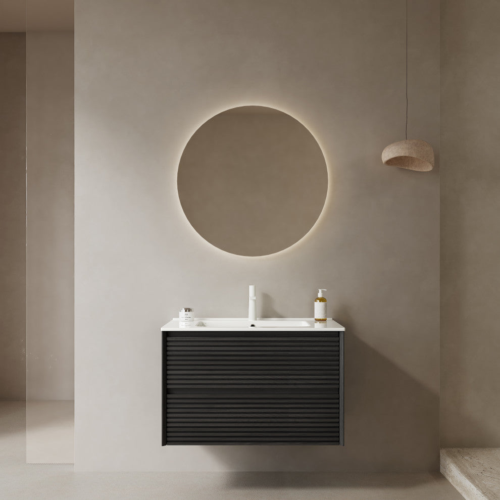 Single Sink Wall-Mounted Bath Vanity in Walnut with White Ceramic Top, Dark Oak, 30"
