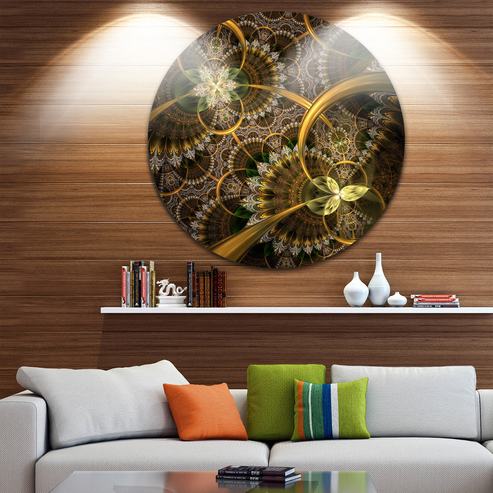 Dark Green Gold Digital Art Fractal Flower, Floral Round Wall Art, 11"