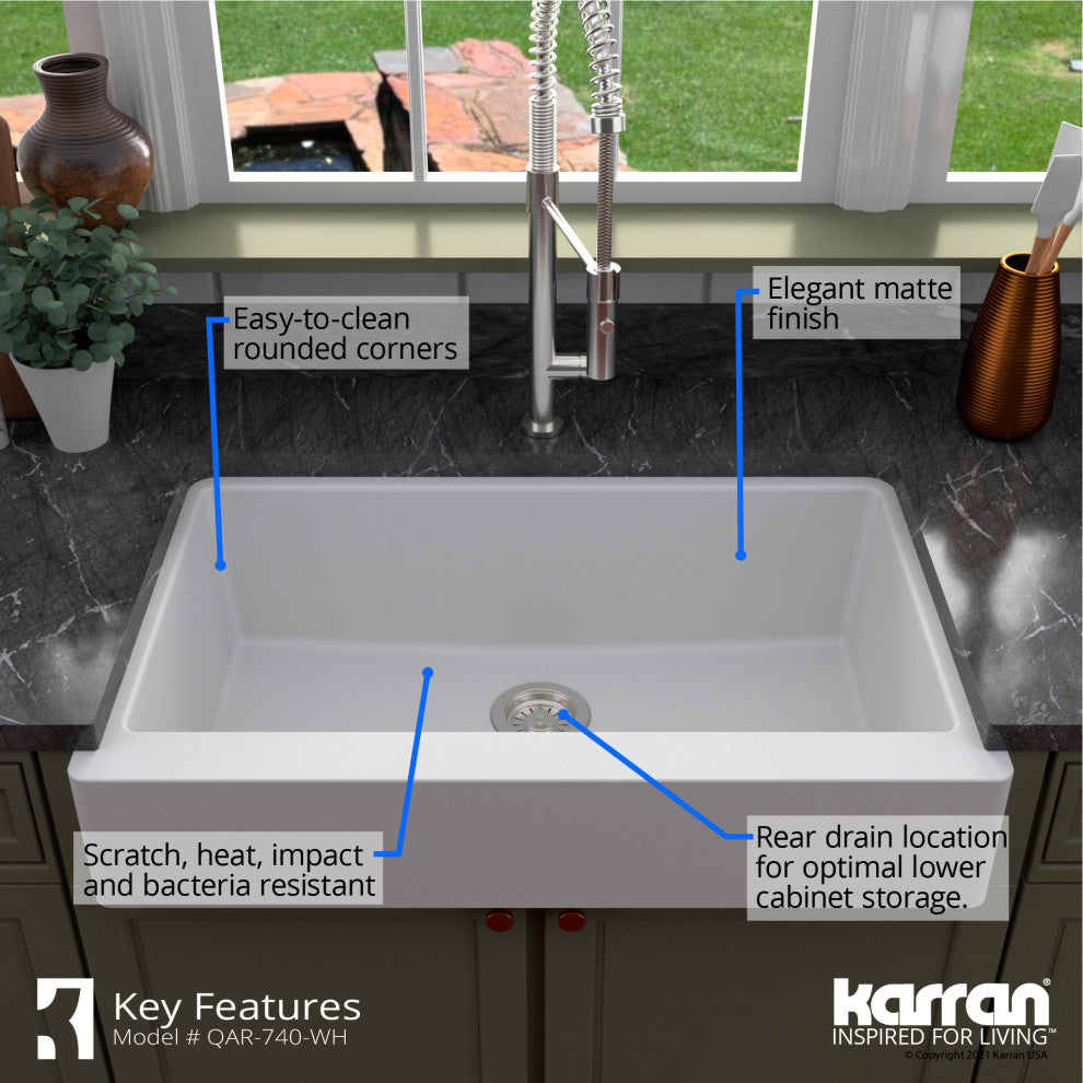 Karran Retrofit Farmhouse Quartz 34" Single Bowl Sink, White