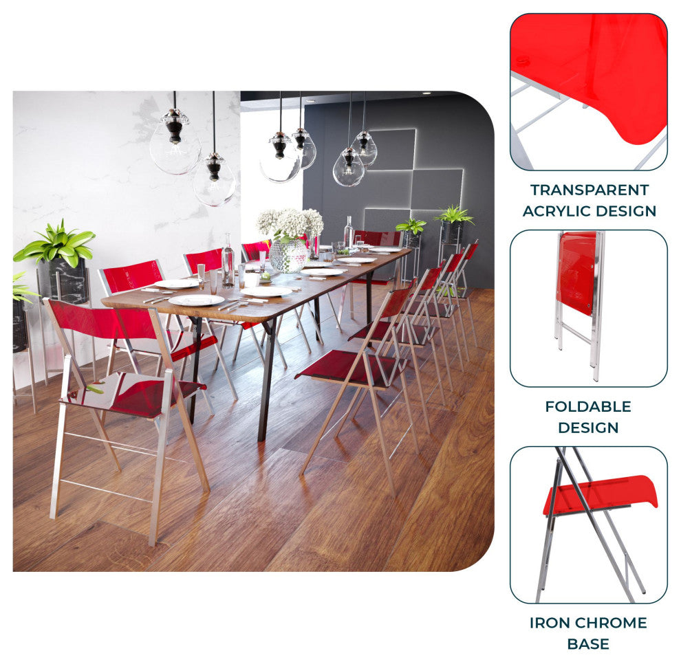 Menno Acrylic Folding Chairs Modern Stackable Foldable Dining Chair, Red