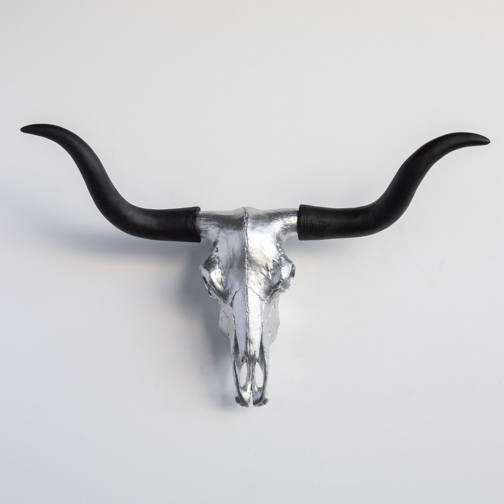 Large Faux Skull Texas Longhorn, Silver/Black