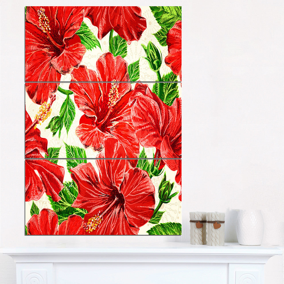 "Seamless Hibiscus Flowers Pattern" Metal Wall Art, 3 Panels, 28"x36"