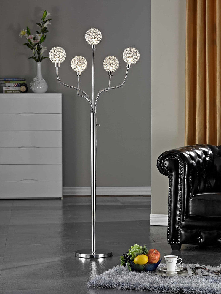 SOHO 65"H Modern 5-Light Brushed Steel Crystal Balls Floor Lamp With Dimmer
