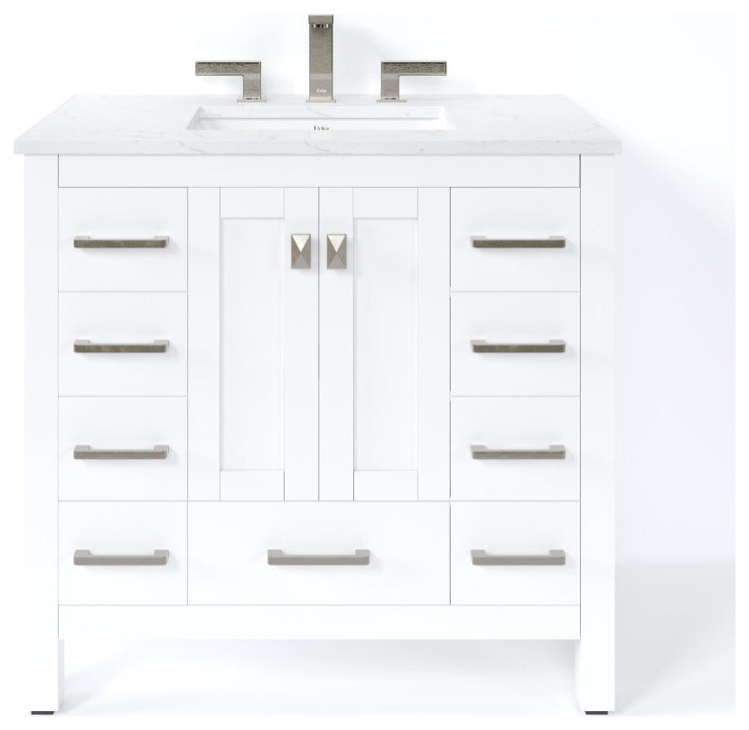Eviva Hampton 36"W White Bathroom Vanity With White Carrara Quartz Countertop
