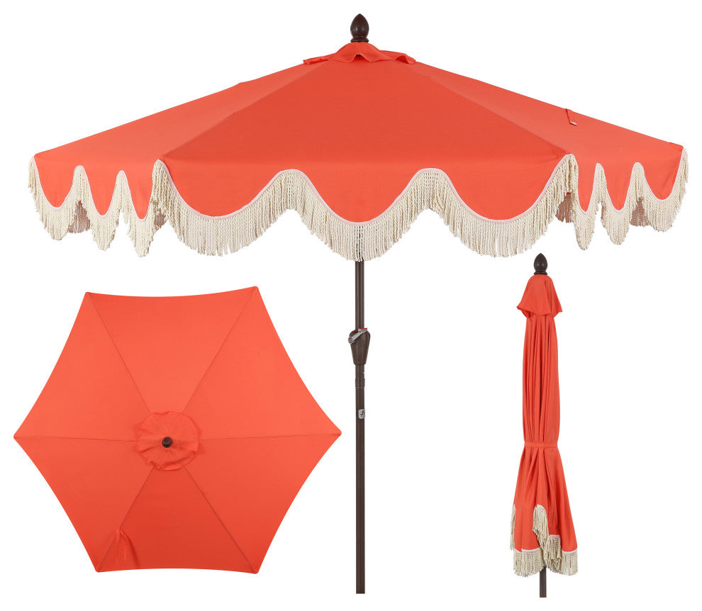 9ft Tassel Patio Umbrella Auto-Tilt, Crank, Red, 107L x 107W x 99H