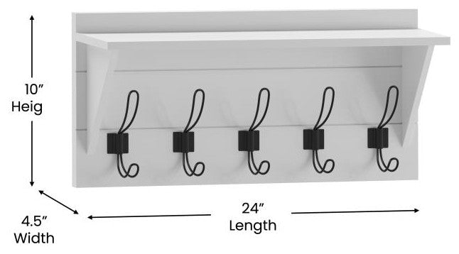 Daly Wall Mounted Solid Pine Wood Storage Rack With Upper Shelf and 5 Hooks, Solid White