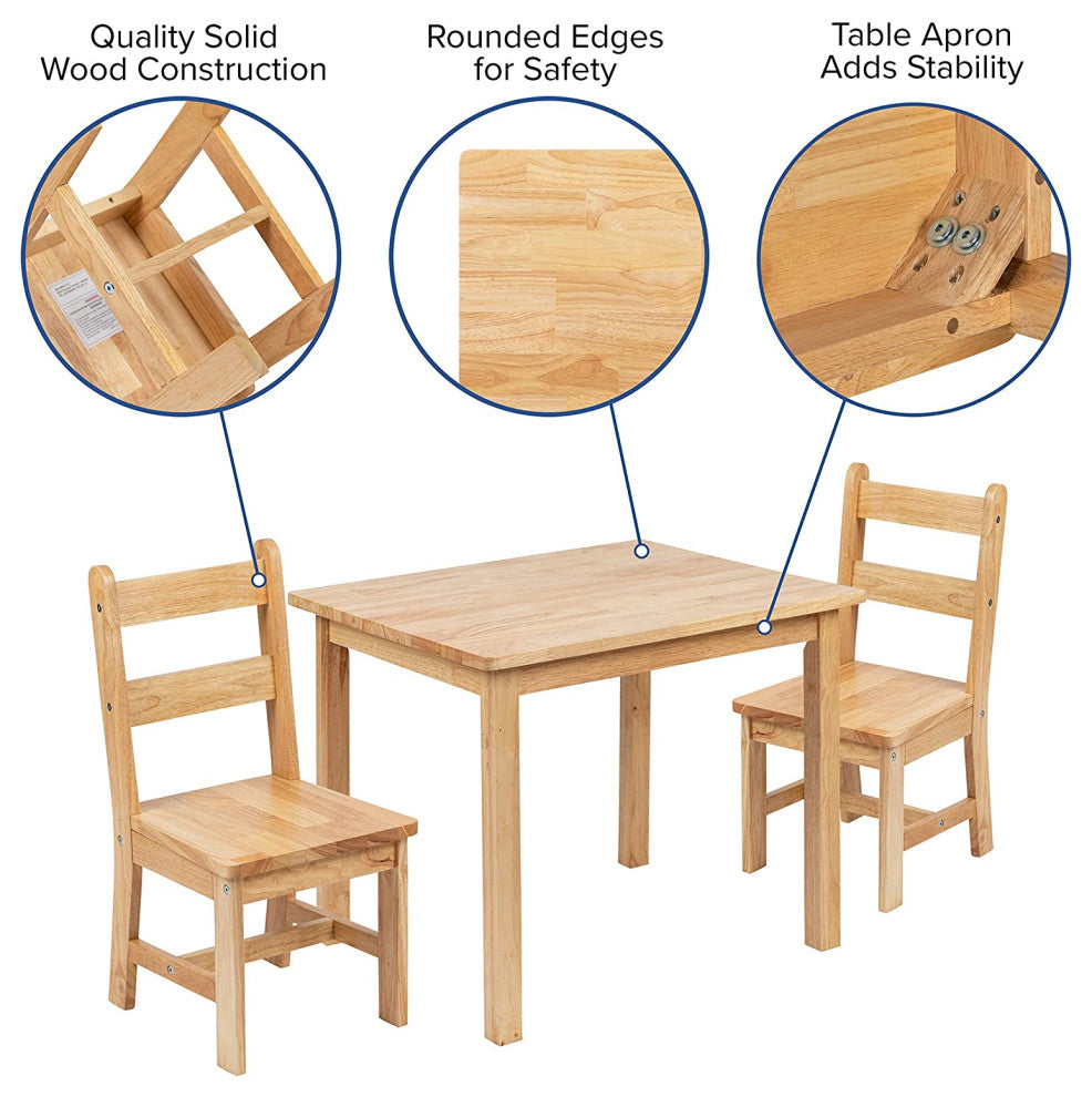 Kids Solid Hardwood Table and Chair Set - 3 Piece Set, Natural