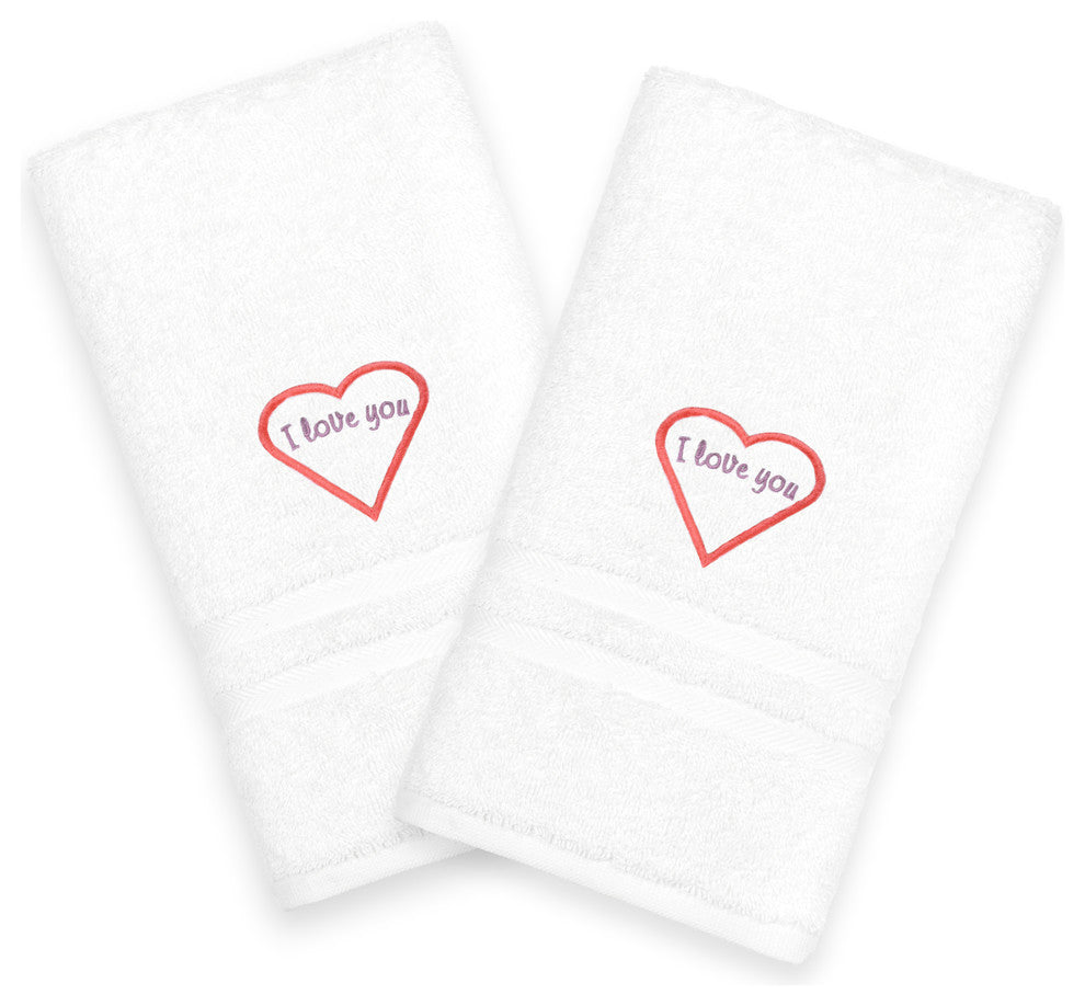 "I Love You" Embroidered White Hand Towels, Set of 2, Pink