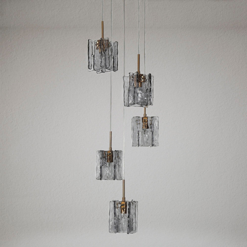 LNC Tucana Polished Gold Matte Black Modern Pendant Light, Textured Glass, 5 Light