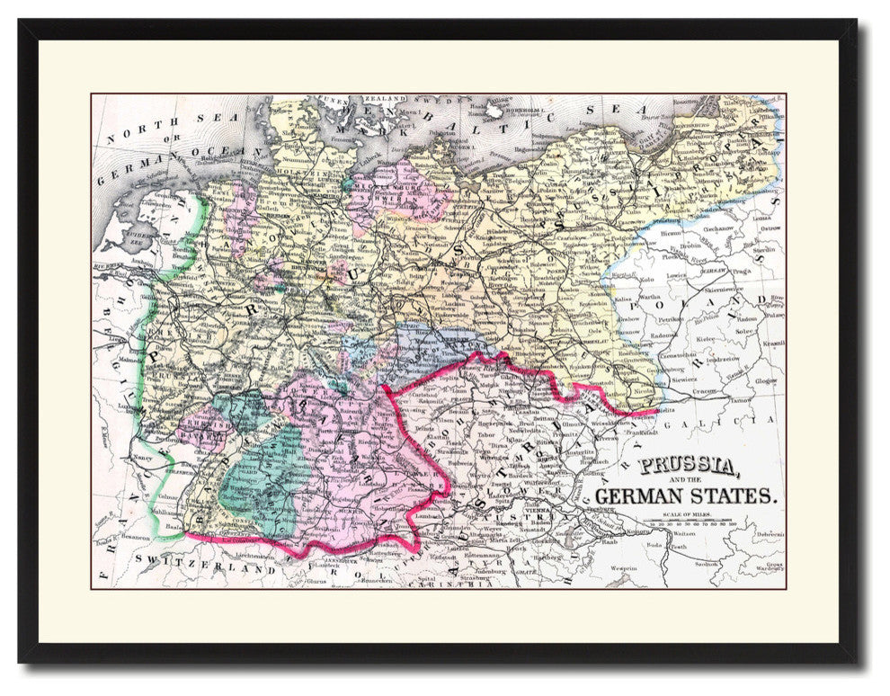 Prussia, Germany Vintage Map Print On Canvas With Picture Frame 28" X 37"