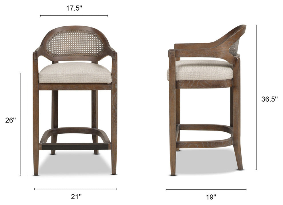 Americana Mid-Century Modern Rattan Cane Back Stool, Taupe Beige Textured Weave, 26" Counter Height